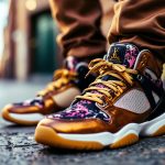 une-paire-de-sneakers-de-luxe-posee-sur-une-tenue-stylee-affichant-un-melange-de-couleurs-vives-dans-un-cadre-urbain-naturel