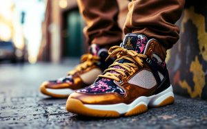 une-paire-de-sneakers-de-luxe-posee-sur-une-tenue-stylee-affichant-un-melange-de-couleurs-vives-dans-un-cadre-urbain-naturel