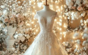 une-robe-de-mariage-en-or-exposee-avec-elegance-mettant-en-valeur-des-details-de-dentelle-delicate-dans-une-ambiance-romantique-entouree-darrangements-floraux-delicats