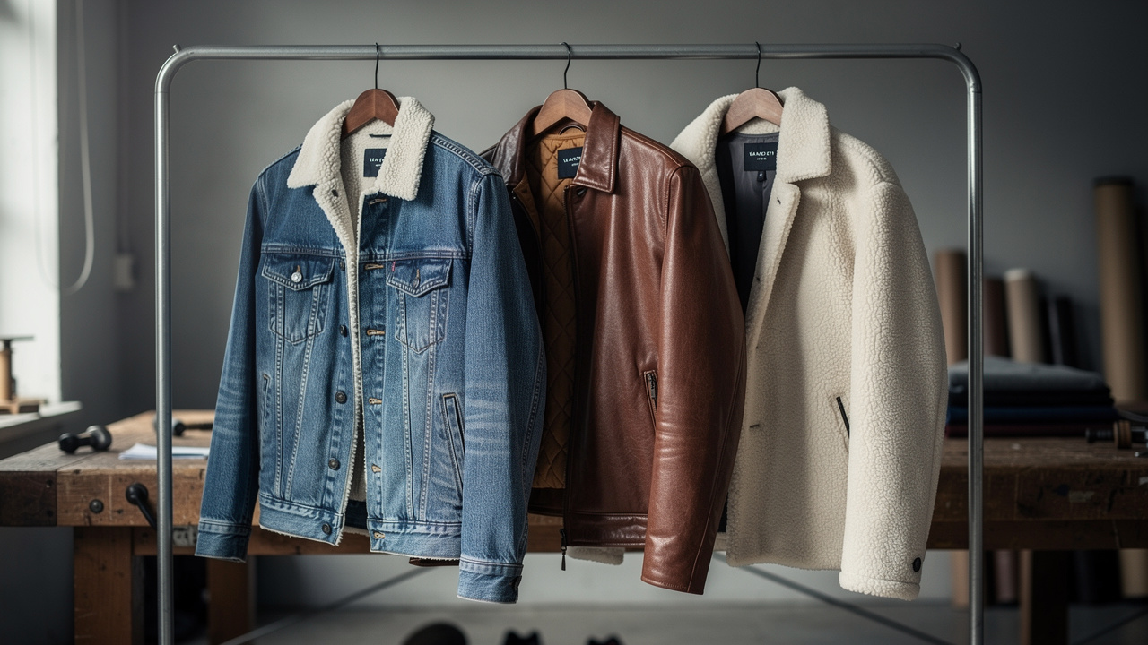 Comparatif visuel de trois vestes masculines sur des portants dans un atelier sobre : une veste en denim doublée sherpa, un blouson en cuir brun doublé et une veste en peau lainée.