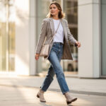 Femme portant un blazer à carreaux sur un tee-shirt blanc et un jean droit dans une rue urbaine lumineuse.