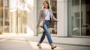 Femme portant un blazer à carreaux sur un tee-shirt blanc et un jean droit dans une rue urbaine lumineuse.