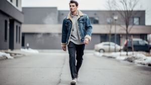 Homme marchant dans une rue en ville en hiver, vêtu d’une veste en jean bleu brut fourrée beige, sous une lumière naturelle.