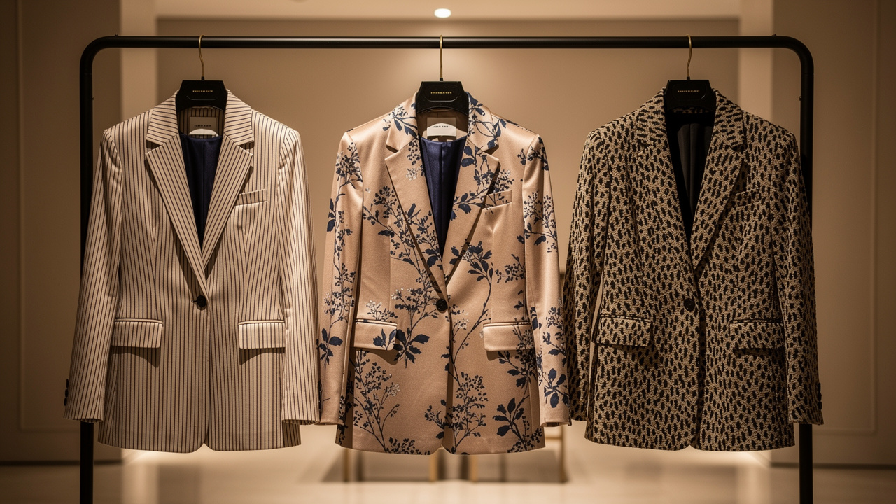 Trois vestes imprimées pour femme sur des portants dans une boutique élégante, avec des motifs à rayures, floraux et léopard dans des tons beige, marine et noir.