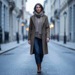Femme élégante en tenue hivernale superposée marchant dans une rue urbaine baignée d’une lumière froide et douce.