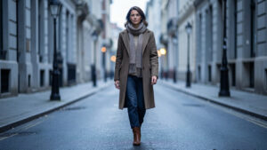 Femme élégante en tenue hivernale superposée marchant dans une rue urbaine baignée d’une lumière froide et douce.