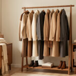 Garde-robe d’hiver élégante présentant des pulls en maille, pantalons ajustés, manteaux en laine, bottines et accessoires dans des tons crème, camel, gris et taupe.