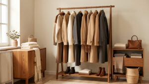 Garde-robe d’hiver élégante présentant des pulls en maille, pantalons ajustés, manteaux en laine, bottines et accessoires dans des tons crème, camel, gris et taupe.