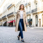 Femme portant un jean droit bleu brut, des mocassins noirs en cuir et un trench beige dans une rue parisienne lumineuse.
