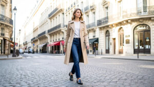 Femme portant un jean droit bleu brut, des mocassins noirs en cuir et un trench beige dans une rue parisienne lumineuse.