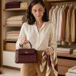 Femme élégante devant une penderie organisée, associant un sac, un foulard, des chaussures et des accessoires raffinés.