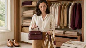 Femme élégante devant une penderie organisée, associant un sac, un foulard, des chaussures et des accessoires raffinés.