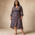 Femme grande taille portant une élégante robe portefeuille fleurie bleu marine et terracotta, photographiée à la lumière naturelle dans un style éditorial mode.