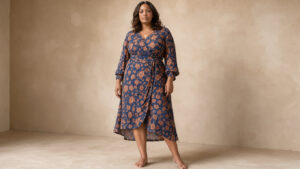 Femme grande taille portant une élégante robe portefeuille fleurie bleu marine et terracotta, photographiée à la lumière naturelle dans un style éditorial mode.