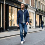 Homme élégant marchant dans une rue de Soho à Londres, vêtu d’une veste bleu marine, d’un jean droit et de baskets blanches, avec des vitrines de boutiques de mode en arrière-plan.