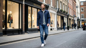 Homme élégant marchant dans une rue de Soho à Londres, vêtu d’une veste bleu marine, d’un jean droit et de baskets blanches, avec des vitrines de boutiques de mode en arrière-plan.
