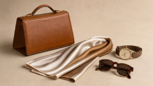 Sélection élégante d’accessoires féminins intemporels composée d’un sac, d’un foulard en soie, d’une montre classique et de lunettes sur un fond beige neutre.